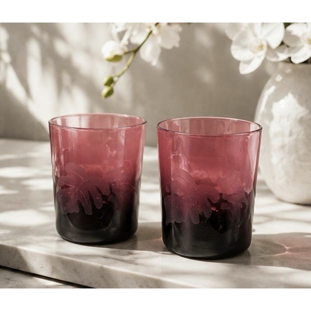 VTG Amethyst Glass Low-Ball Tumblers Hand Etched Botanical Leaf Pattern Set 2